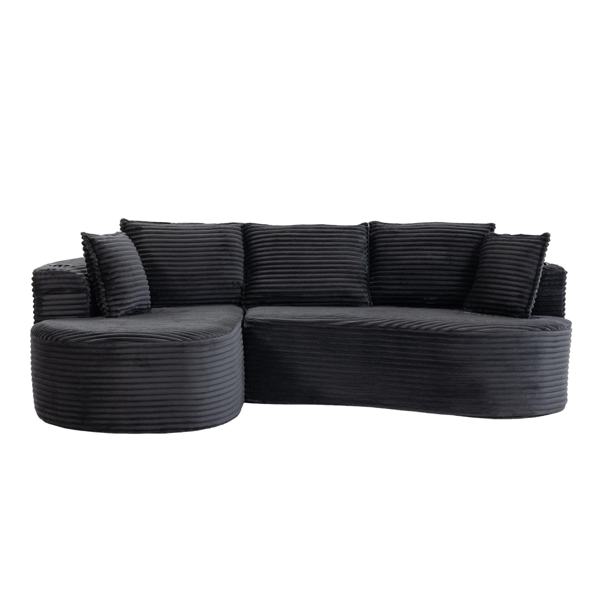 ECKSOFA aus Cord 250x152x82 cm Dunkelgrau mit Getränkehaltern, Seitentaschen und Kissen im Bogendesign - Dunkelgrau, Textil (250/152cm) - Modfu