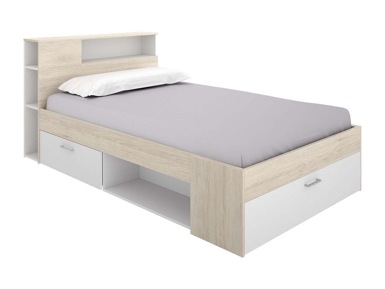 BETT mit Kopfteil, Stauraum & Schubladen - 120 x 190 cm - Holzfarben & Weiß - LEANDRE - Naturfarben, Holz (129.5/218.5cm) - Vente-Unique