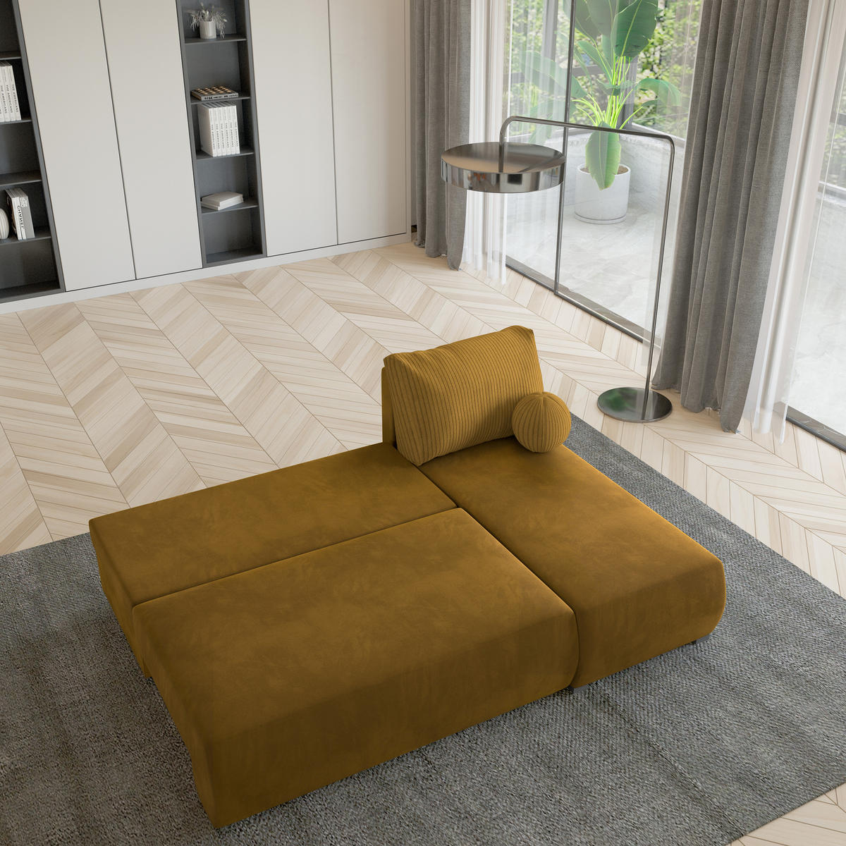 ECKSOFA PARVELO Gelb Plüsch-Stoff mit Schlaffunktion - Gelb, Holz (200/143cm) - MASSENO