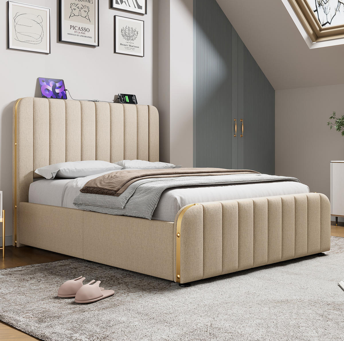 POLSTERBETT 140/200 cm Beige mit USB- und Typ-C-Ladefunktion und hydraulischem Stauraum mit Matratze - Beige, Textil (140/200cm) - OKWISH