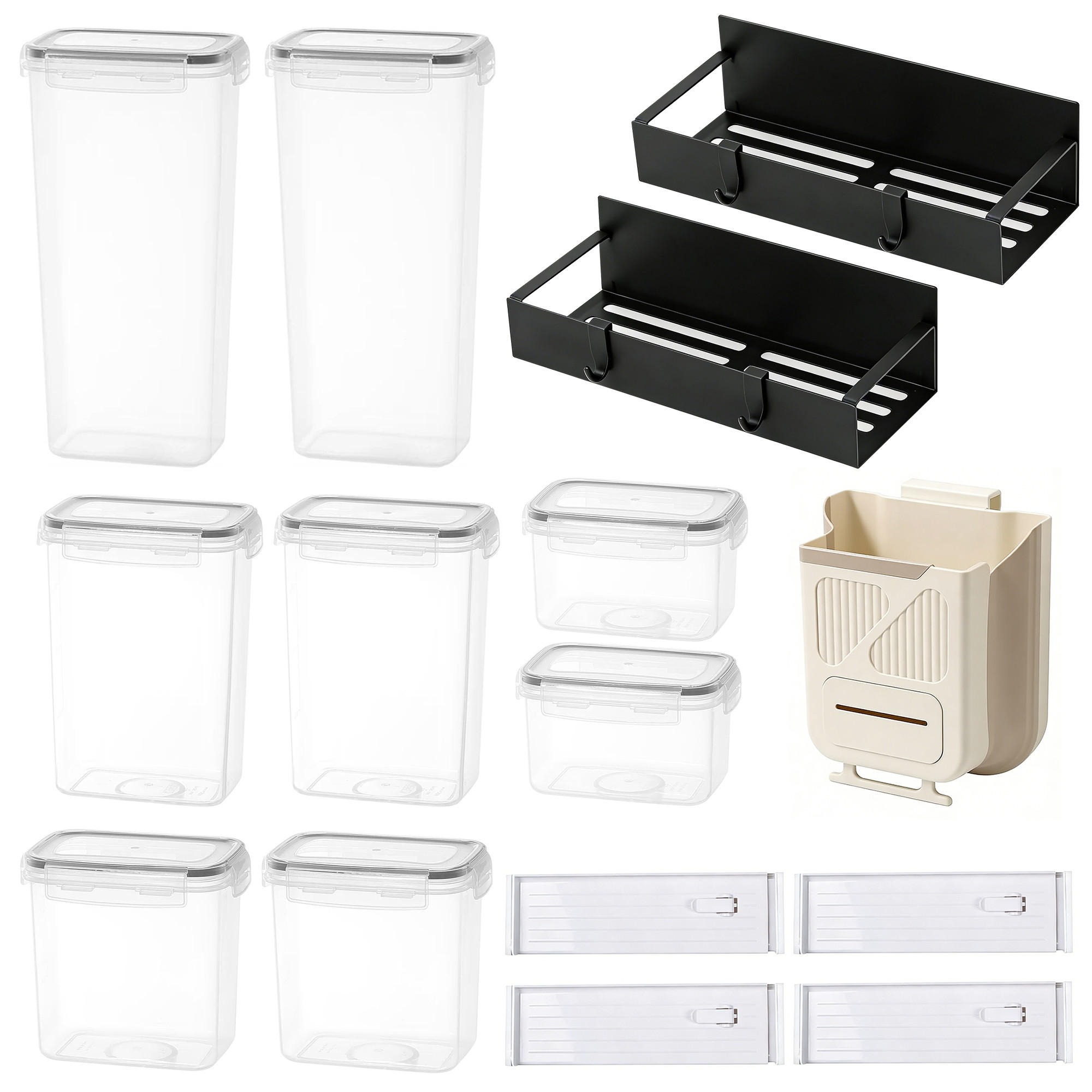 KÜCHEN Organizer Set 15-teilig mit Vorratsdosen, Schubladenteiler & Wandregal - Schwarz, Kunststoff