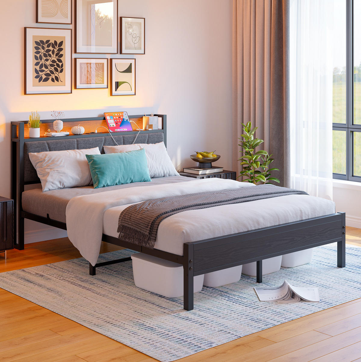 POLSTERBETT 140/200 cm mit LED-Beleuchtung, USB-Anschlüssen, Steckdose und Stauraum-Kopfteil, Schwarz - Schwarz, Holzwerkstoff (140/200cm) - Redom