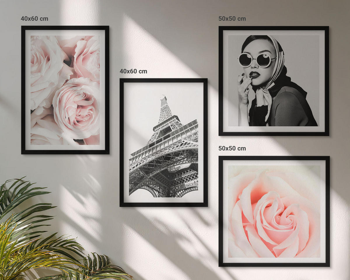 WANDBILDER 4er-Set - 50x50 cm & 40x60 cm Schwarzer Rahmen - Eiffels Porträt einer Frau mit Rosen - Schwarz, Kunststoff (50/50cm) - ArtPrintCave