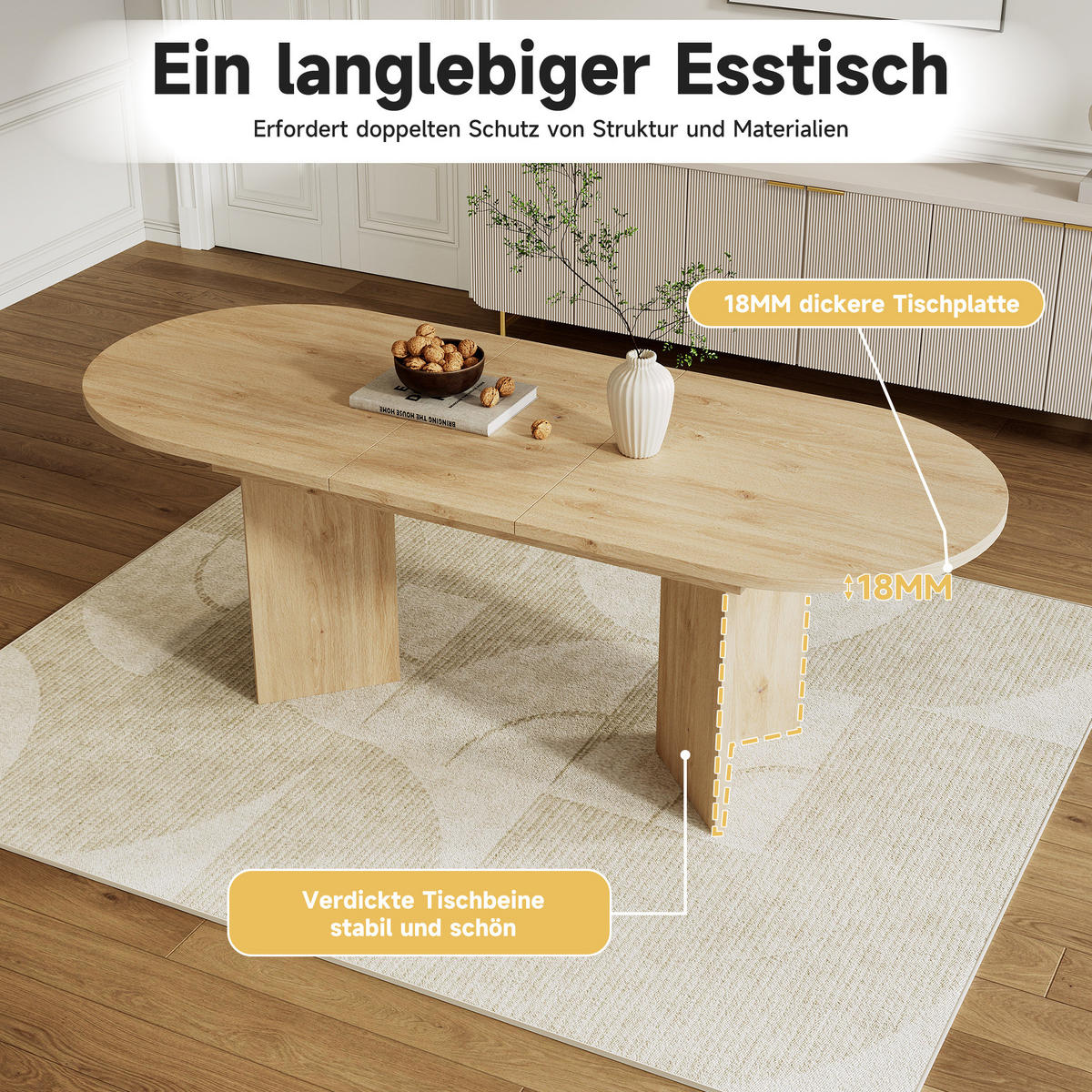 ESSTISCH ausziehbar in Eichefarben mit abgerundeten Ecken,180/90/75 cm - Eichefarben, Holzwerkstoff (180/90/75cm) - Flora Grace