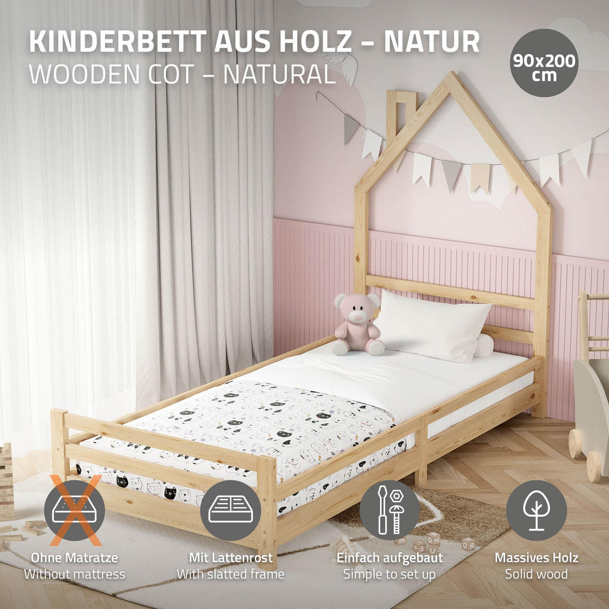 KINDERBETT Haus 90x200 cm Natur - Hellbraun, Holz (90/200cm) - ML-DESIGN