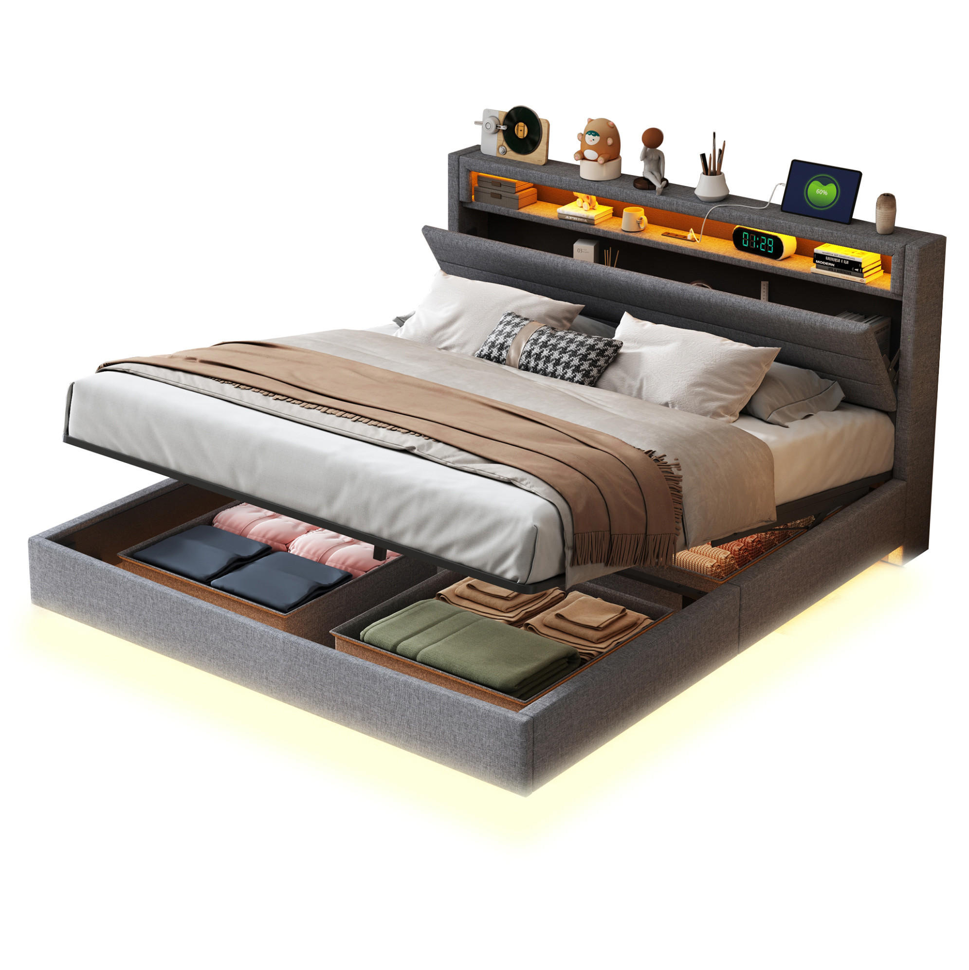 POLSTERBETT 160/200 cm mit LED-Beleuchtung, USB-Anschluss und hydraulischem Stauraum, Leinenoptik, Grau - Grau, Textil (160/200cm) - Redom