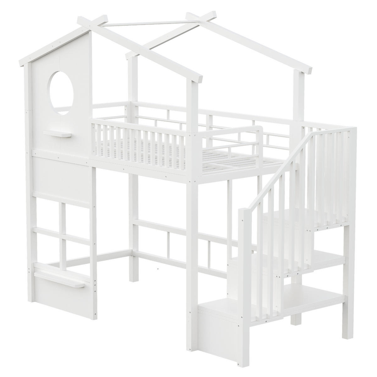 HOCHBETT 90/200 cm mit LED und Stauraumtreppe, DE-41612, in Weiß - Weiß, Metall (90/200cm) - ComfortXL