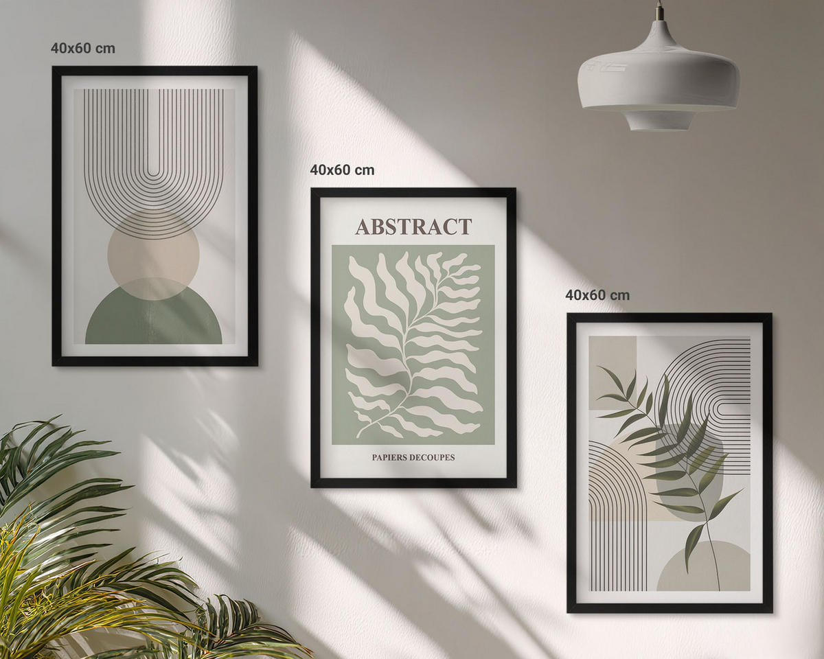 BILDER SET 3er Set - 40x60 cm Schwarzer Rahmen - Botanische Boho-Abstraktionen - Schwarz, Kunststoff (40/60cm) - TULUP