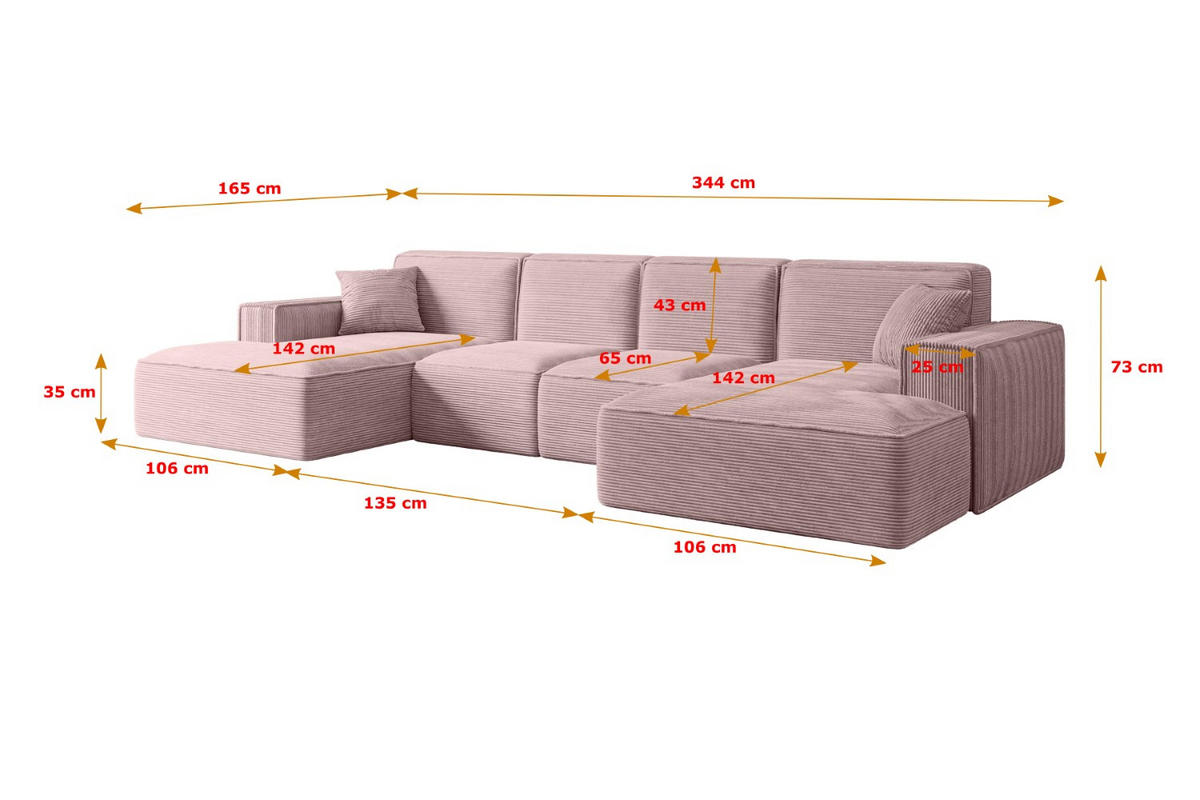 WOHNLANDSCHAFT SIERRA-U - 344x165x73 cm Rosa Cord - Schwarz/Rosa, Holzwerkstoff/Kunststoff (344/73/165cm) - ALTDECOR