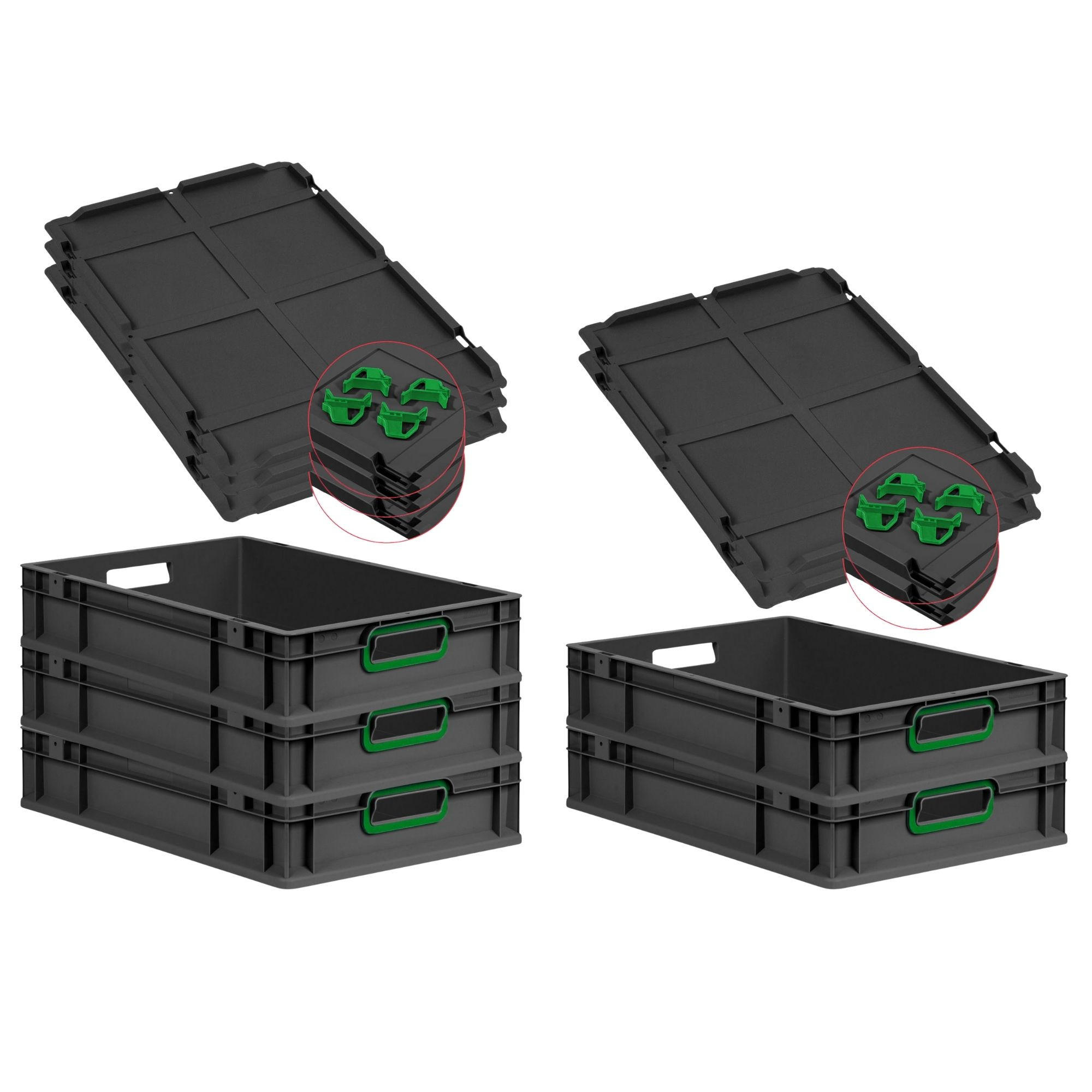 EUROBOX 5x NextGen Color mit Auflagedeckel 12x40x60 cm 23 Liter Schwarz Griffe grün offen - Schwarz/Grün, Kunststoff (40/12/60cm) - PROREGAL