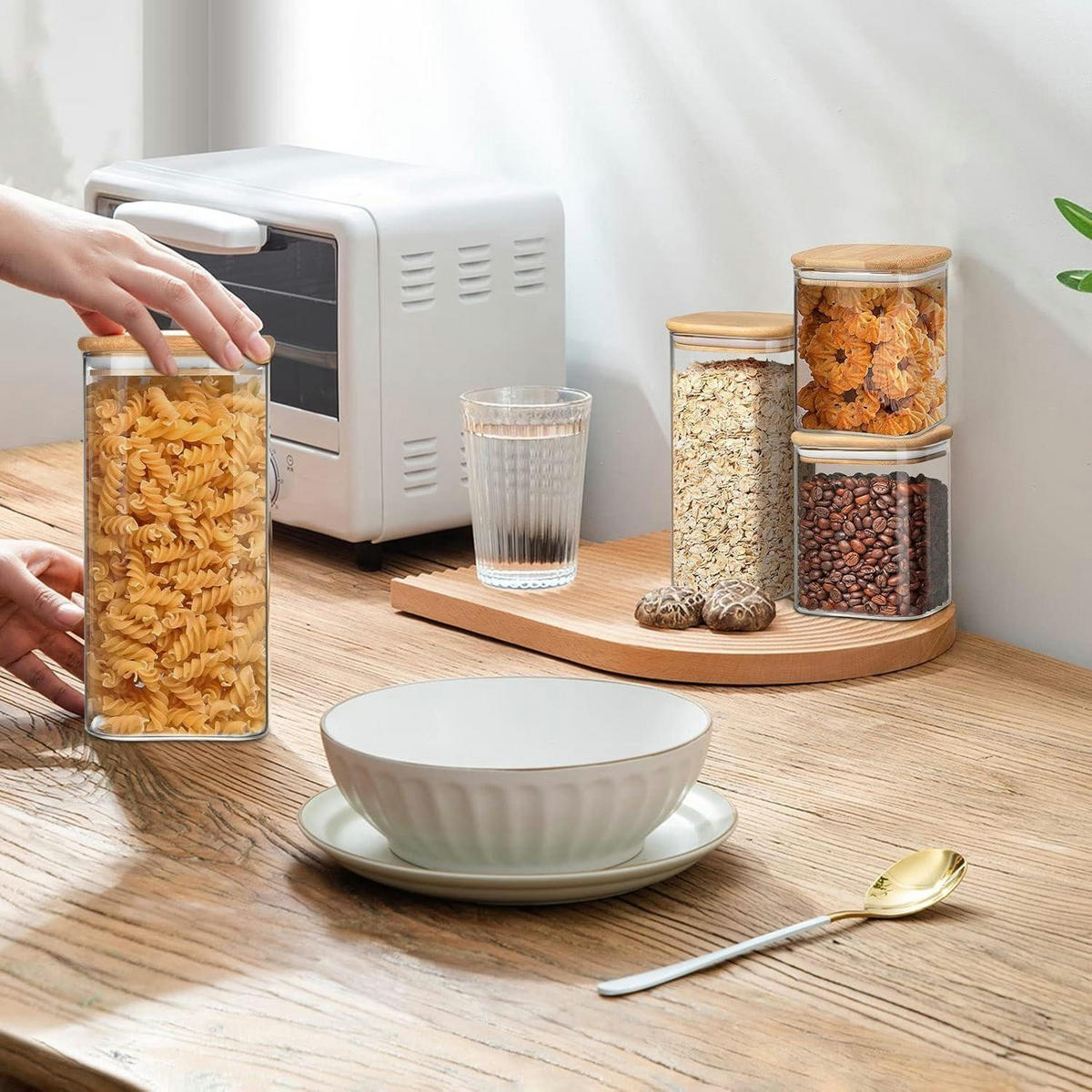 VORRATSGLÄSER 2-teiliges Set Glas mit Bambusdeckel 1600ml - Beige, Glas (10/20.5/10cm)