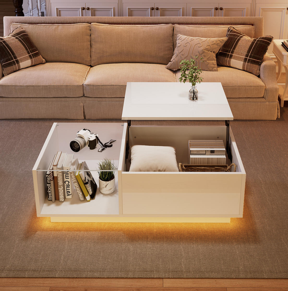 COUCHTISCH 100/50/33-46,5 cm in Weiß mit LED-Beleuchtung und Stauraum - Weiß, Holzwerkstoff (100/50/46.5cm) - Flora Grace