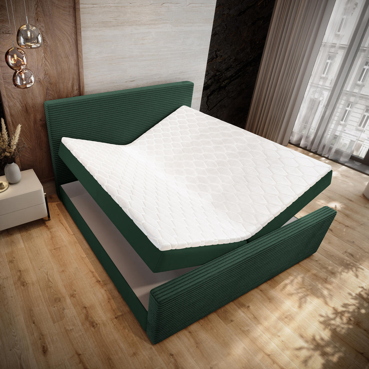 BOXBETT ALORIA 160x200 cm mit Matratze und Topper - Grün - Grün, Holz (160/200cm) - MASSENO