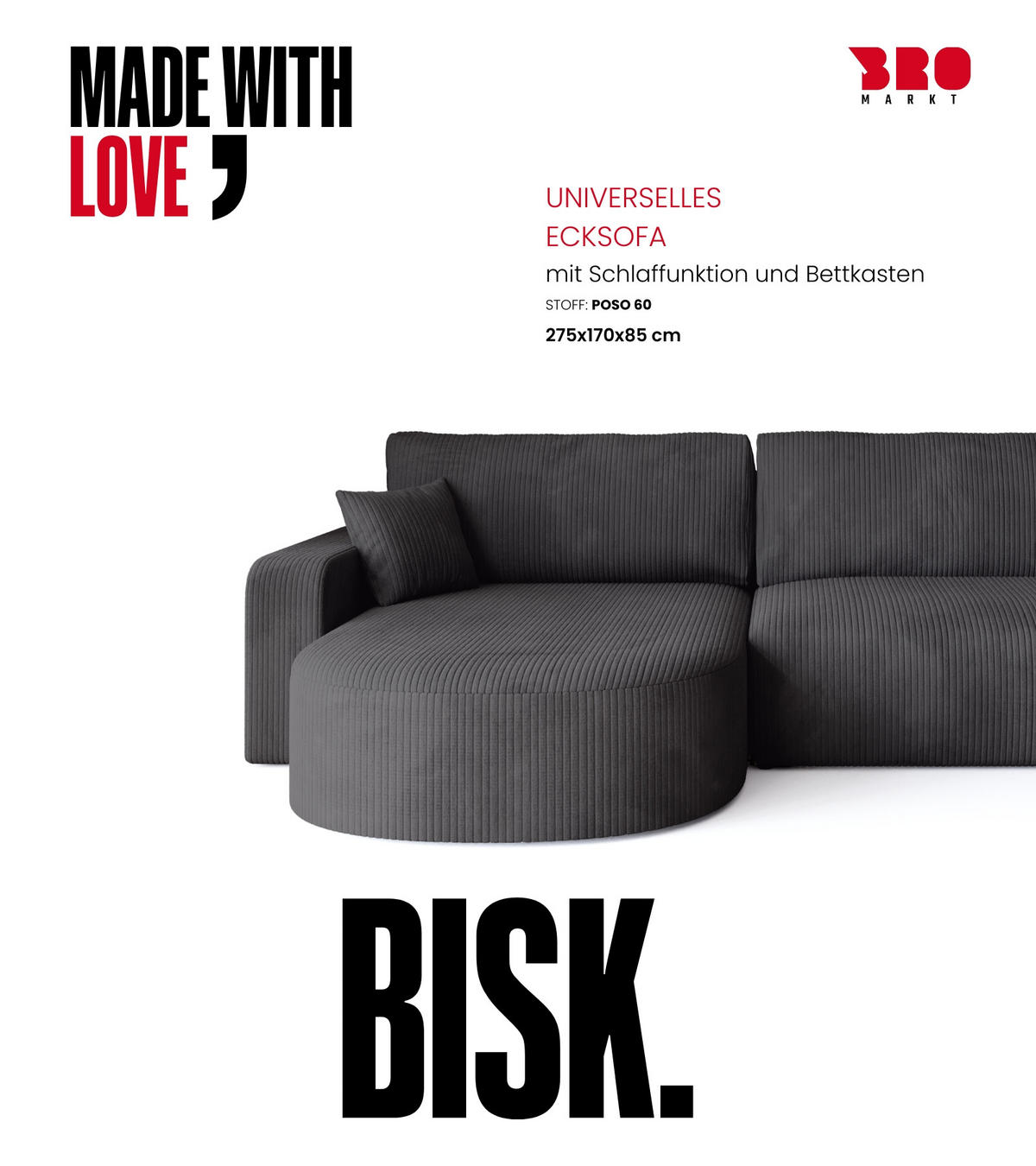 ECKSOFA Bisk mit Schlaffunktion Grau Cordstoff - Grau, Textil (275/170cm) - Bromarkt