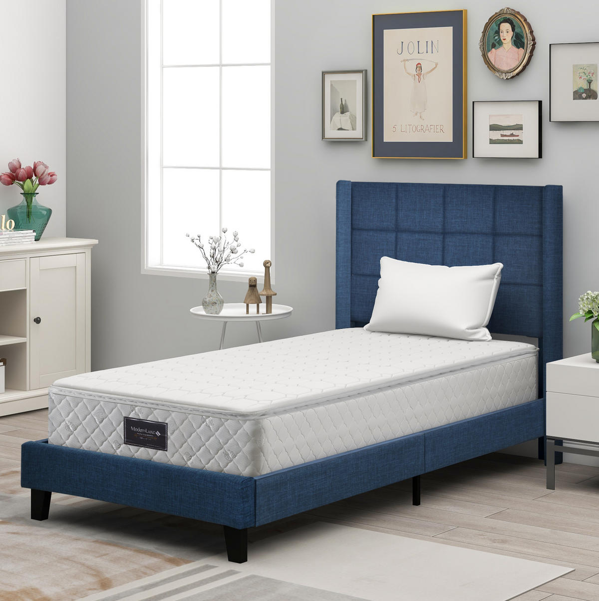 POLSTERBETT 90/200 cm Blau aus Leinen mit Federkernmatratze - Blau, Textil (90/200cm) - OKMYHOME