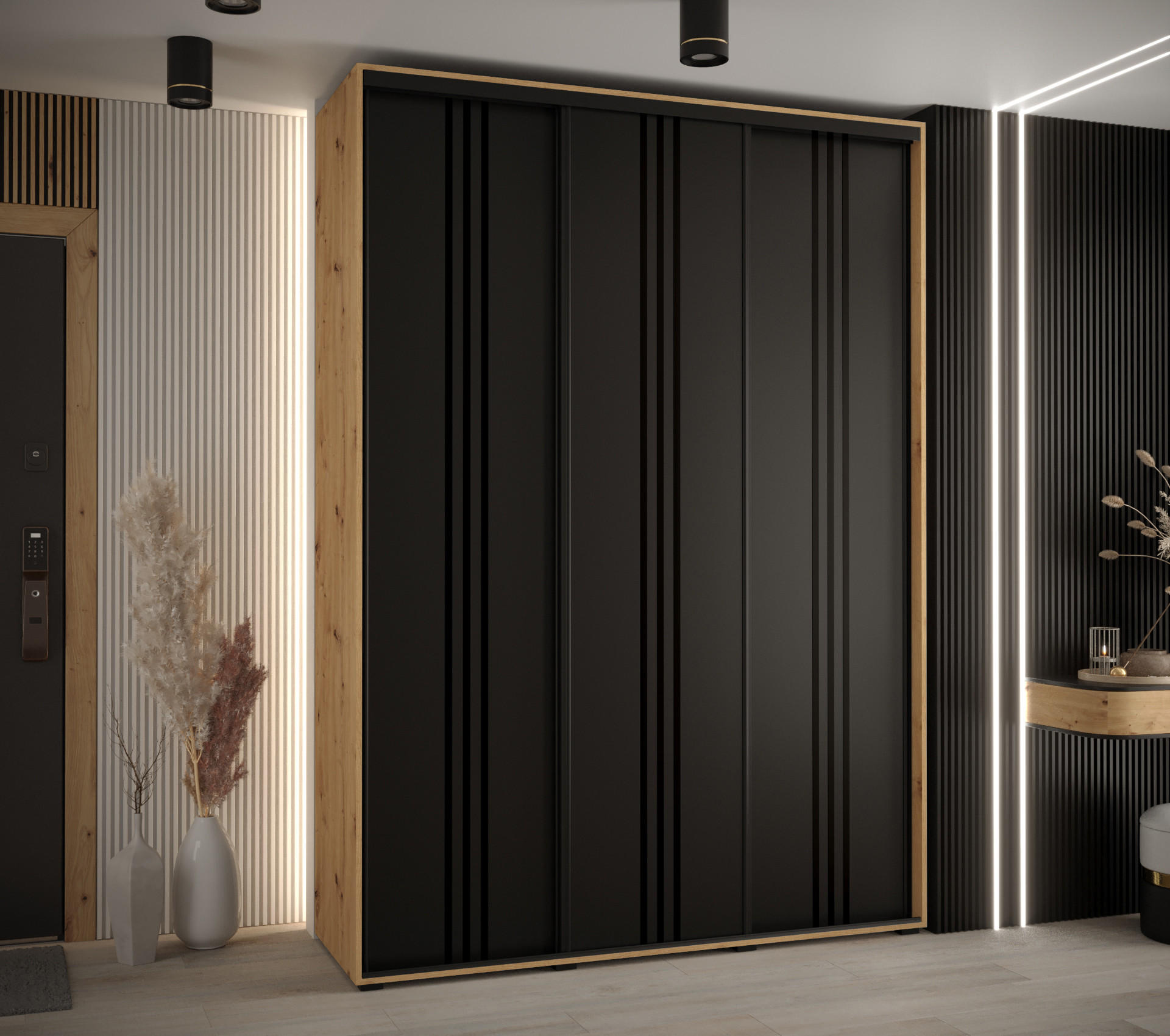 SCHWEBETÜRENSCHRANK 235,2/180/45 3-türig - Schwarz/Eiche Artisan, Holz/Metall (180/235/45cm) - Abiks Möbel
