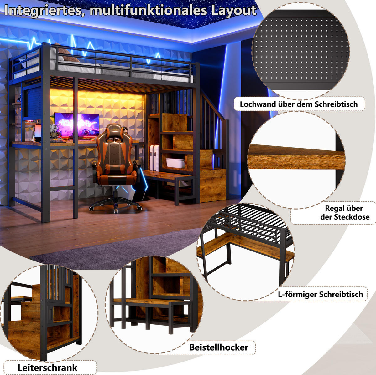 HOCHBETT Metall/MDF 90x200 cm Schwarz mit Schreibtisch, Stauraumtreppe, LED, USB & USB-C - Schwarz, Holzwerkstoff (90/200cm) - Modfu