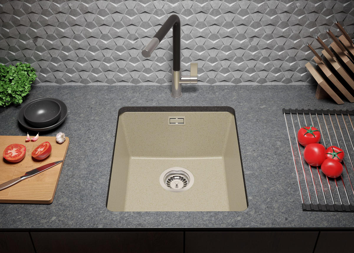 UNTERBAUSPÜLE GRANIT London, 2-er set Beige 41/47 cm 1 Becken + Ablauf-Set ab 45er Unterschrank - Chromfarben/Beige, Kunststoff (41/20/47cm) - Primagran