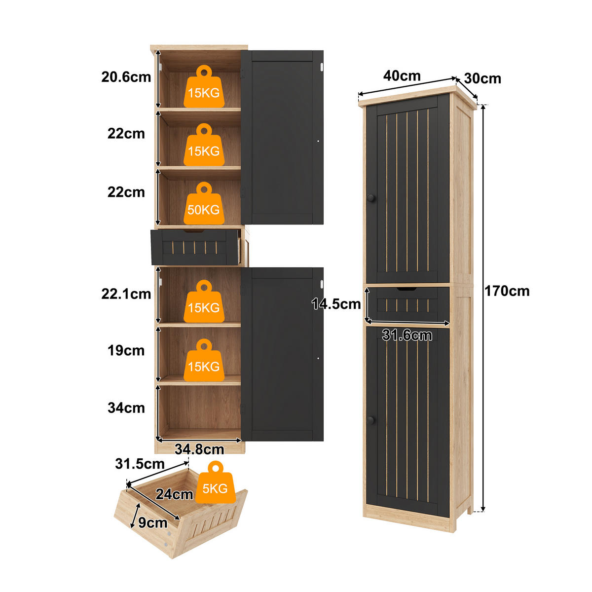 GESCHIRRSCHRANK 170 cm MDF Natur Schwarz mit Türen und verstellbaren Böden - Schwarz, Holzwerkstoff (30/170/40cm) - Korfee