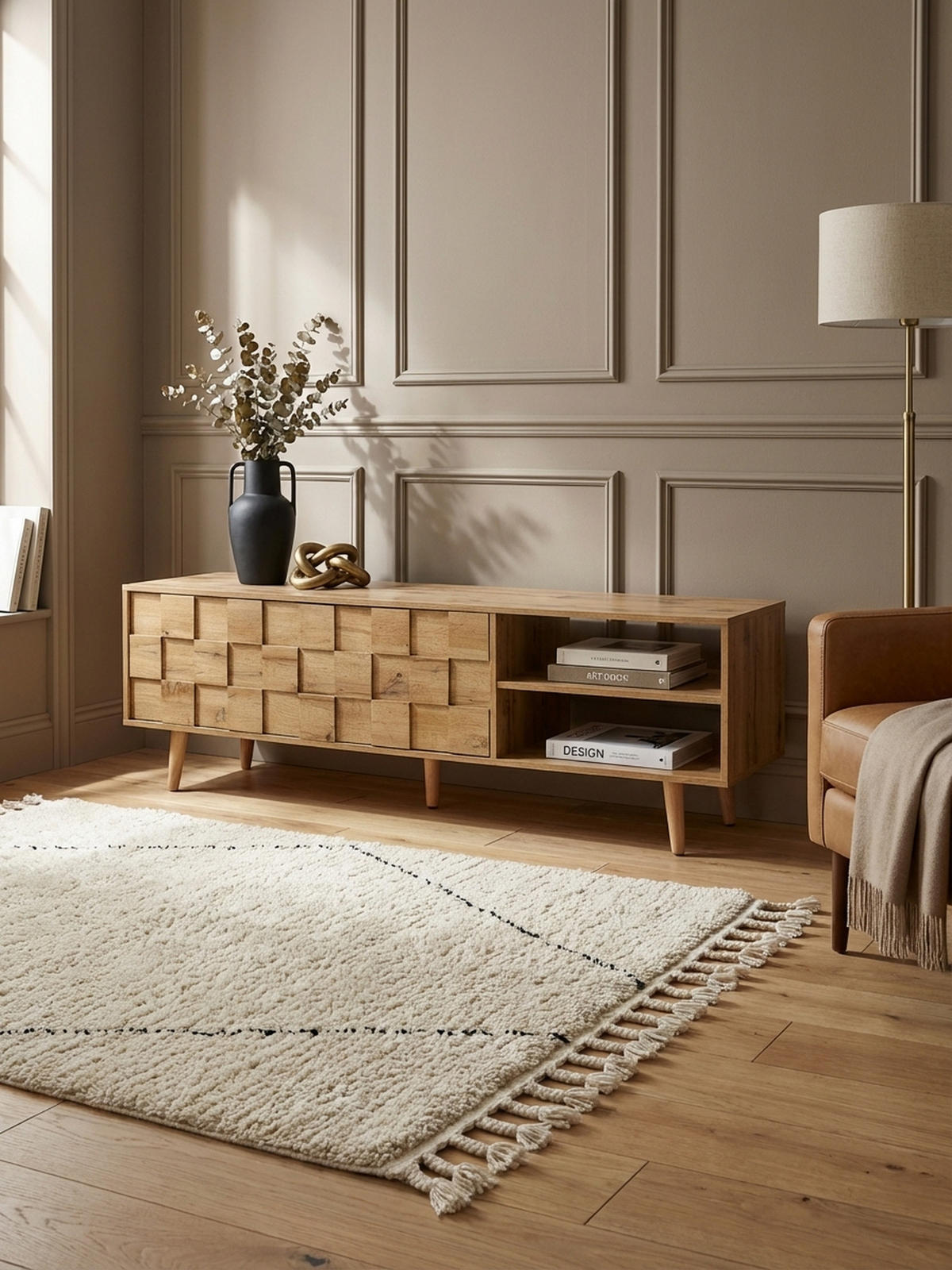 LOWBOARD Eiche-Dekor Modern Stil für 70-Zoll Fernseher - Braun, Eichenholz/Holz (160/51/40cm) - KADIMA DESIGN