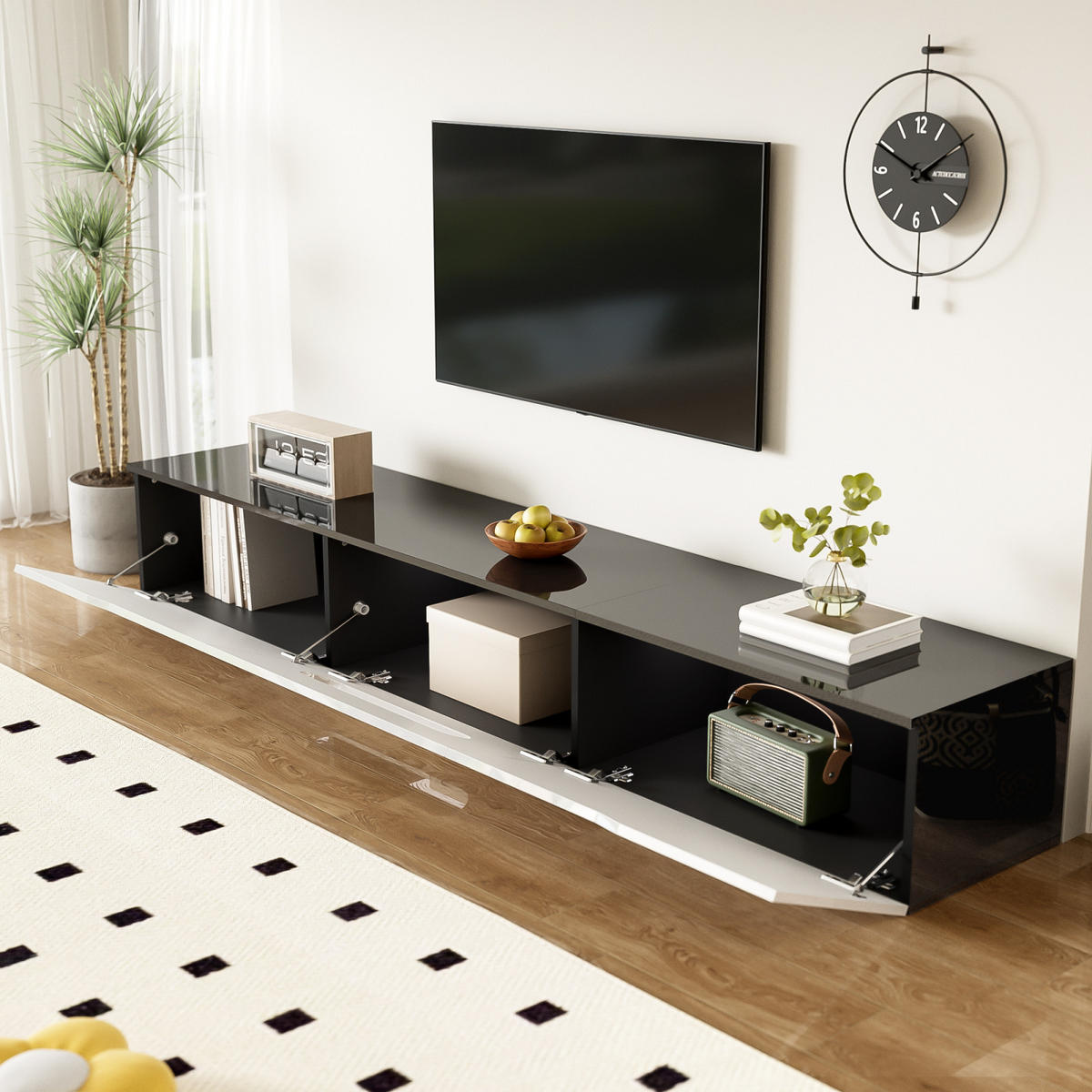 TV Lowboard LED, hängend, 3 Klapptüren, Weiß Schwarz - Weiß, Holz (180/30/35cm)