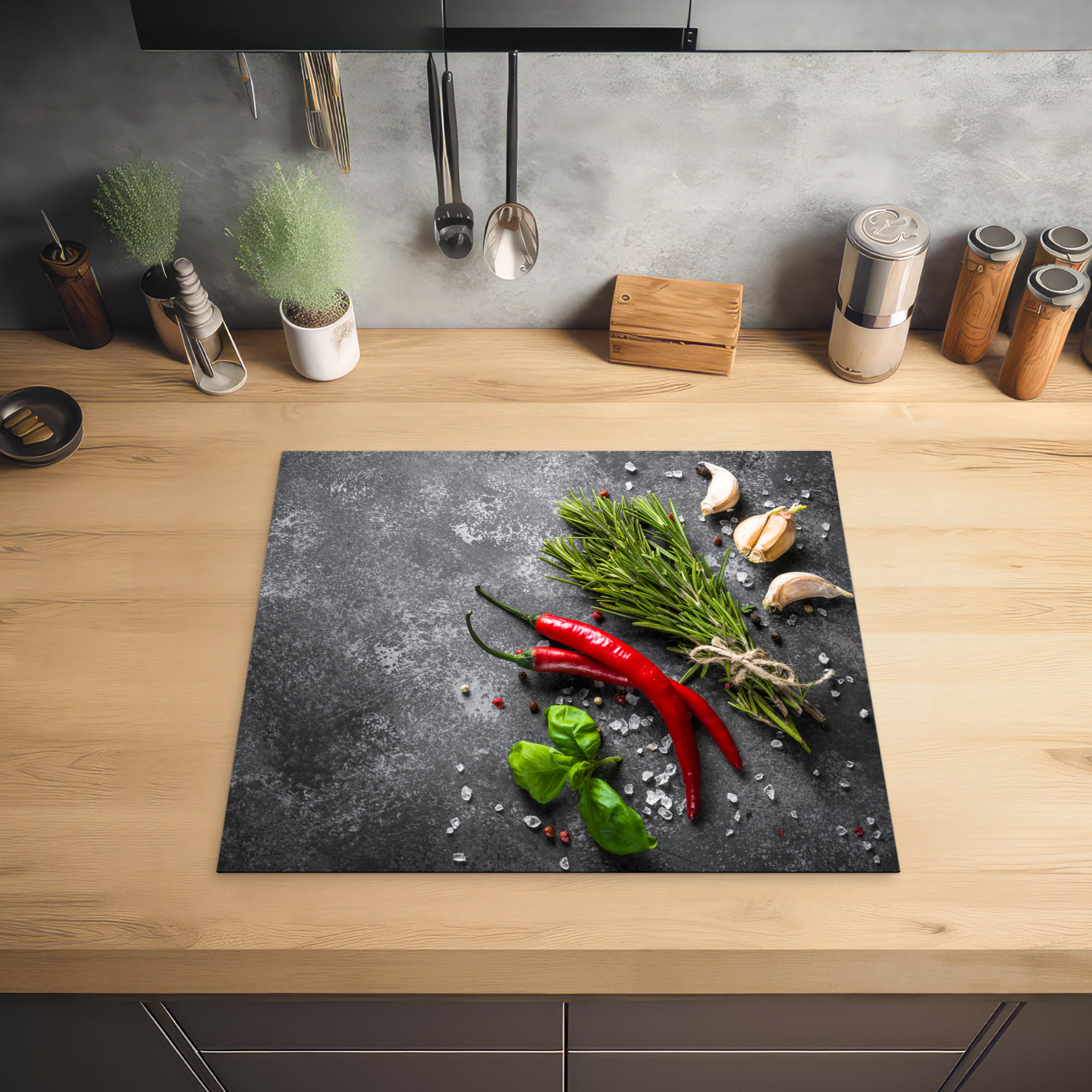HERDABDECKPLATTE Pfeffer - Kräuter - Gewürze - Beton 59x52 cm - Rot, Kunststoff (59/0.2/52cm) - MuchoWow