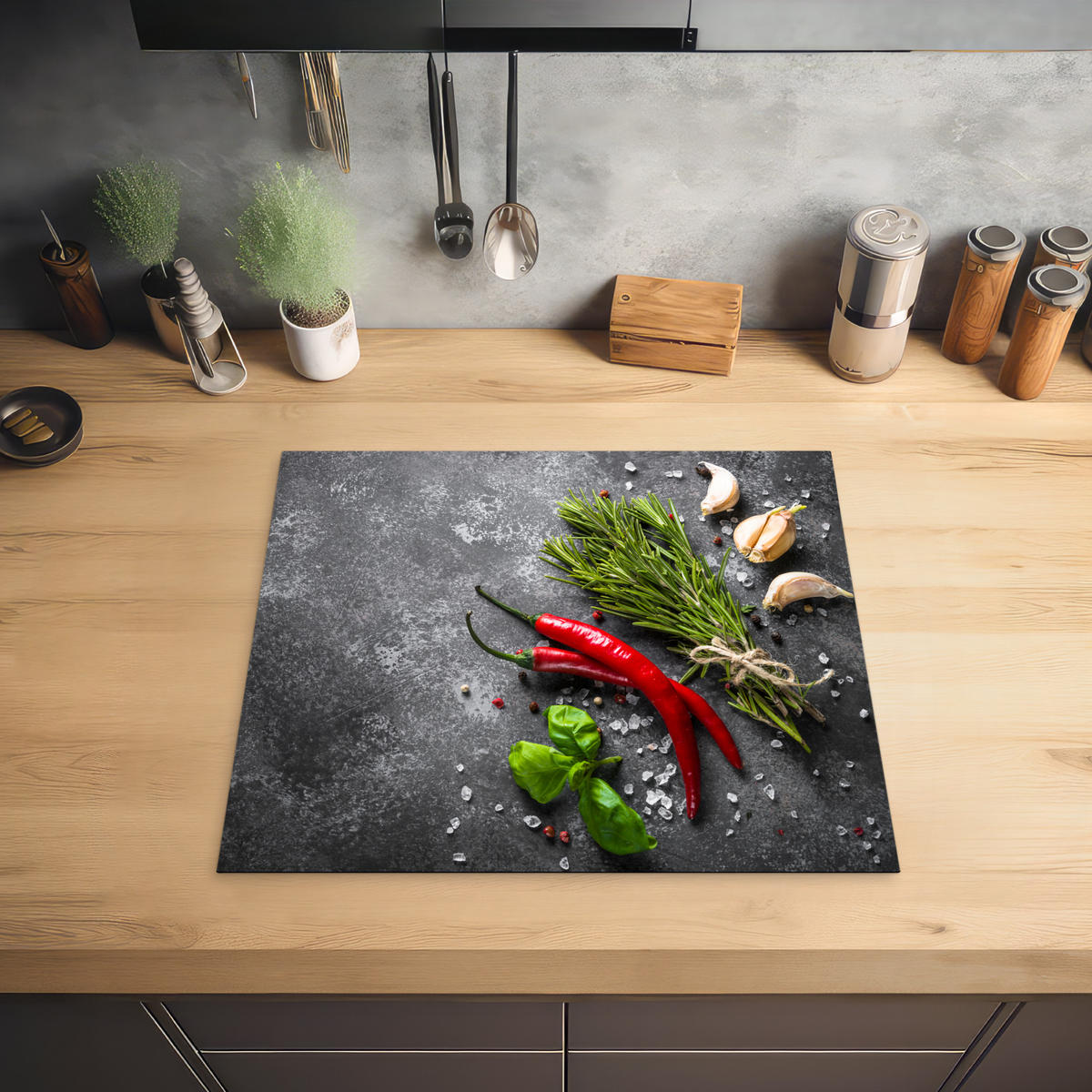 HERDABDECKPLATTE Pfeffer - Kräuter - Gewürze - Beton 57x51 cm - Rot, Kunststoff (57.6/0.2/51.6cm) - MuchoWow