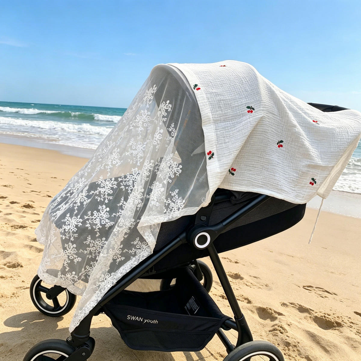 KINDERWAGEN-MOSKITONETZ Kirschmuster 130x100cm - Weiß, Textil - Weltevree