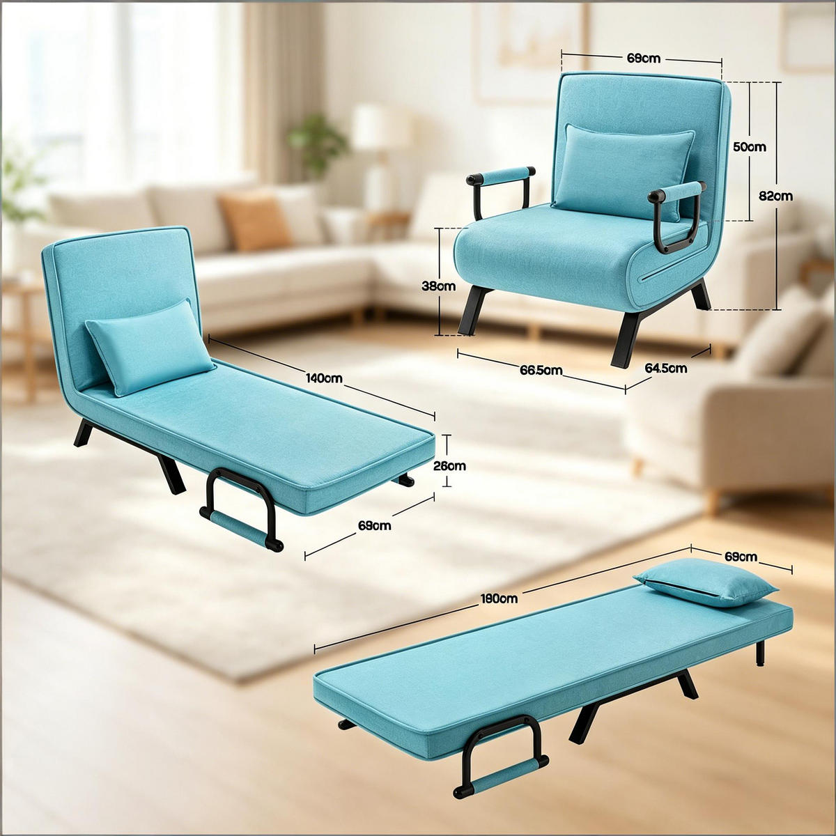 SCHLAFSESSEL 3-in-1 mit Bettfunktion, DE-42147, Hellblau - Blau, Metall (66.5/82/65cm) - ComfortXL