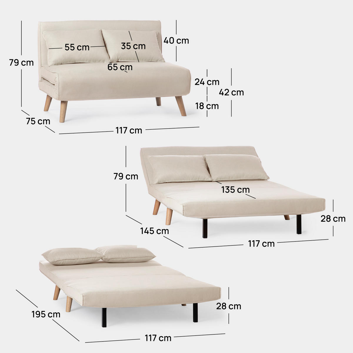 SCHLAFSOFA Noa Beige 117 cm x 79 cm - Beige, Textil (117/79/75cm) - Klast Home