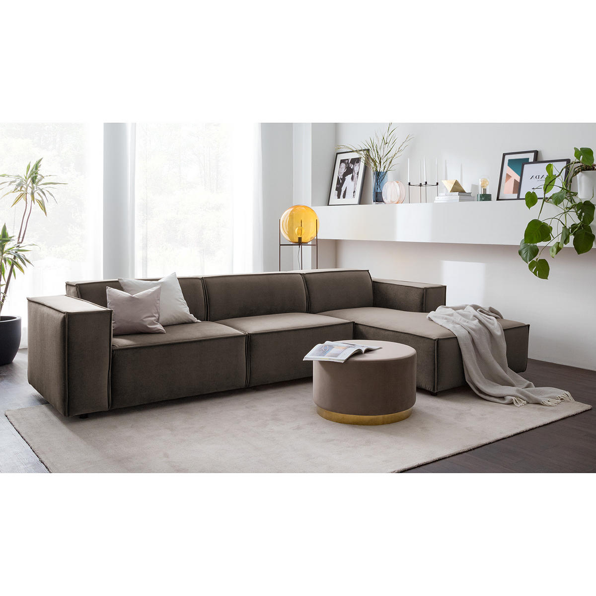 ECKSOFA mit Longchair - Taupe/Schwarz, Kunststoff/Textil (294/177cm) - home24