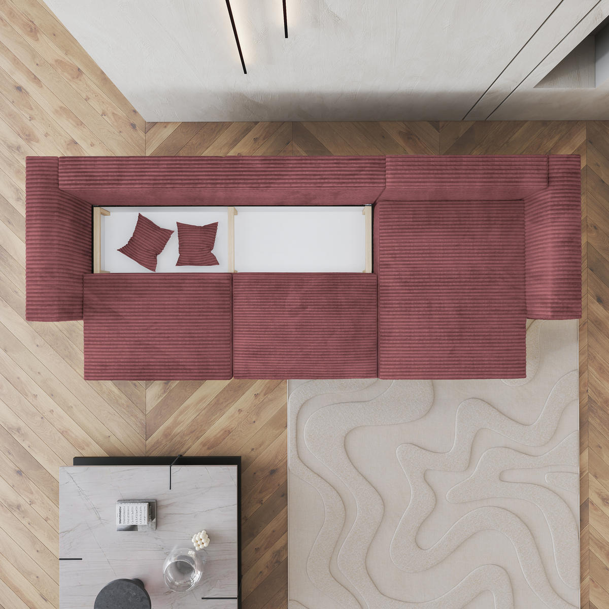 ECKSOFA TOLMO Rosa Kordstoff mit Schlaffunktion - Rosa, Holz (347/148cm) - MASSENO