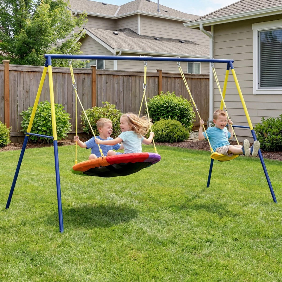 SCHAUKEL-SET mit Nestschaukel Gurtschaukel verstellbarem Seil für 3-8 Jahre 265x160x178cm - Blau, Metall (160/265cm) - Hauptrolle