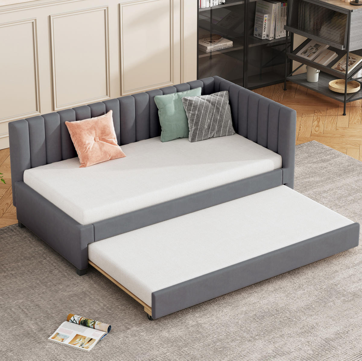 SAMT-POLSTERBETT 90/200 cm mit ausziehbarem Unterbett und Lattenrost - Grau, Textil (90/200cm) - BEAOK