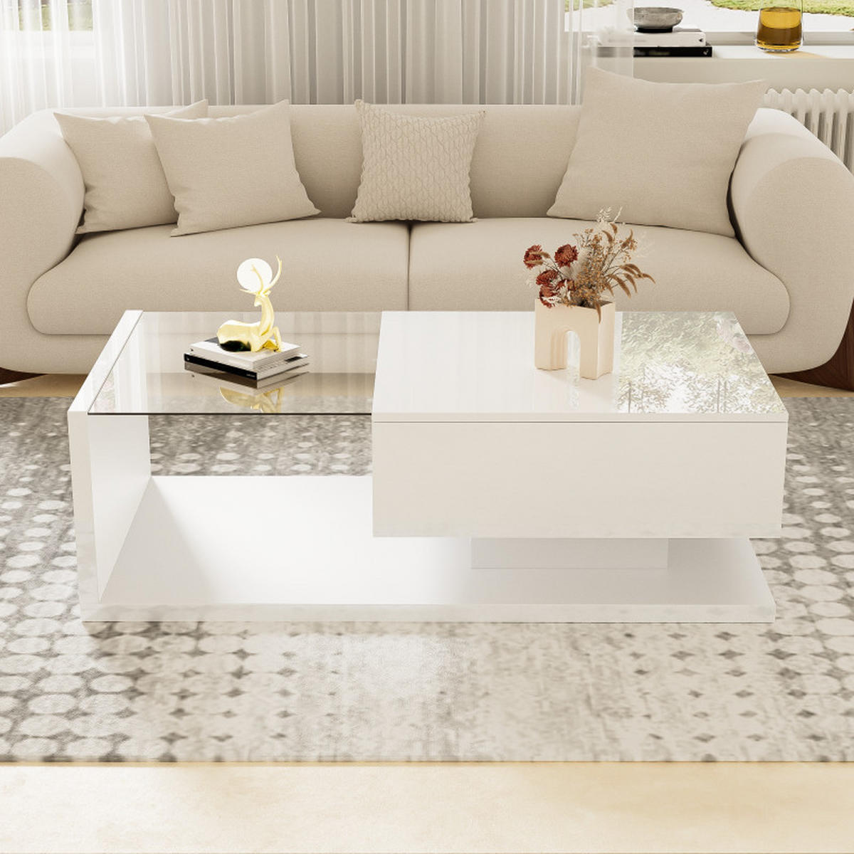 COUCHTISCH Weiß Hochglanz 105x55x32 cm, Glasplatte, Ablagefach, Modern - Weiß, Holz (55/105/32cm) - PARAFTA HOME