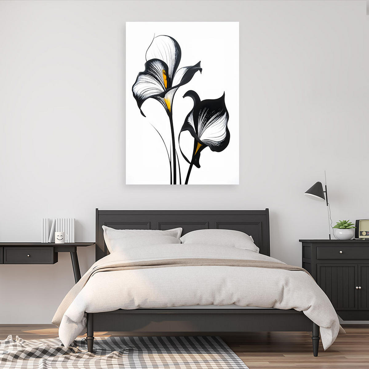 LEINWANDBILD, Minimalistische schwarz-weiße Blumen mit gelben Akzenten - Weiß, Textil (70/100cm) - Feeby