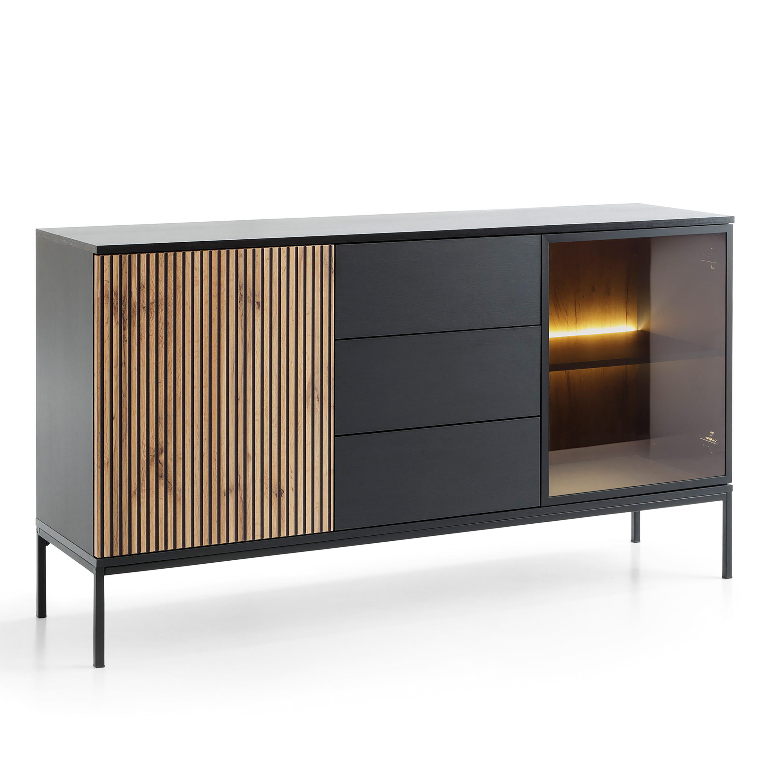 SIDEBOARD SENTIERO 154/83/39 cm mit LED 3 Schubladen und 2 Türen Schwarz - Eiche Wotan/Schwarz, Holzwerkstoff (154/83/39cm) - MASSENO