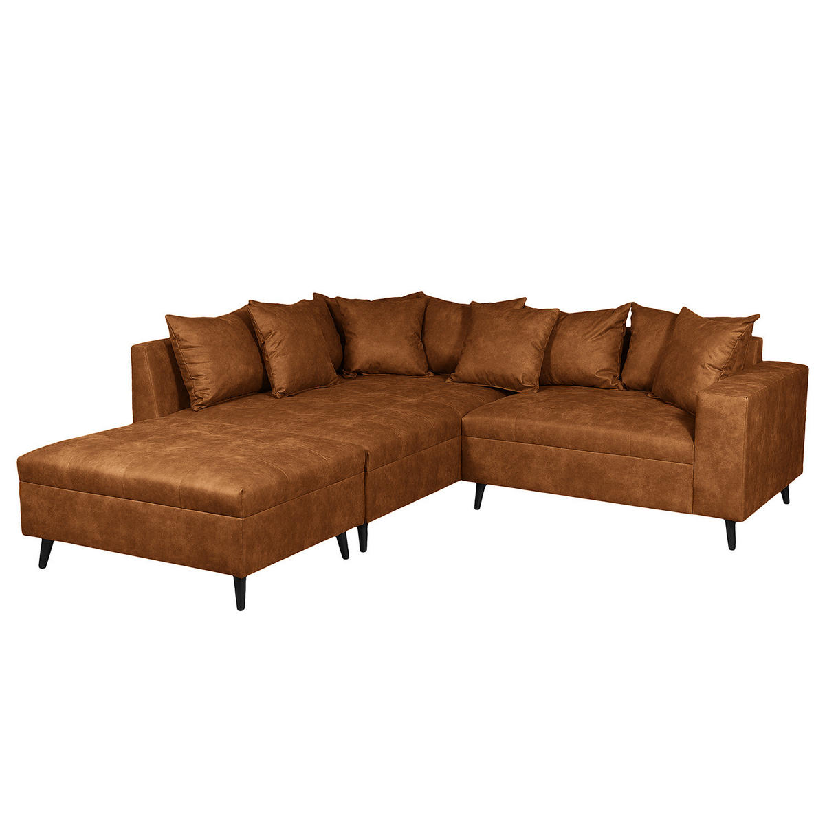 ECKSOFA mit Ottomane und Hocker - Cognac/Schwarz, Birkenholz/Textil (247/174cm) - home24