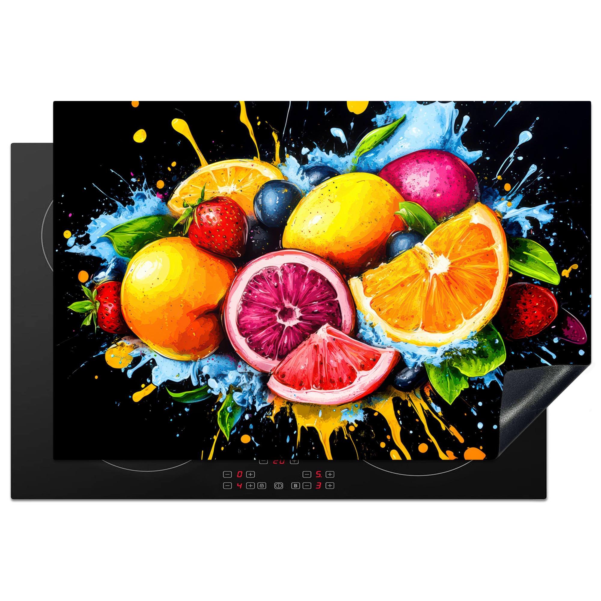 HERDABDECKPLATTE Obst - Graffiti - Bunt - Orange - Erdbeere - Abstrakt 76x51 cm - Orange, Kunststoff (76/0.2/51.5cm) - MuchoWow