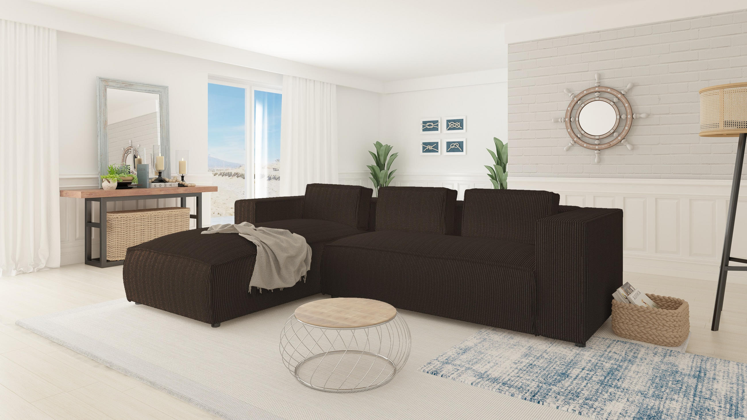 ECKSOFA Nova Dunkelbraun Cord - Dunkelbraun/Schwarz, Holz/Kunststoff (262/176cm) - S-Style Möbel
