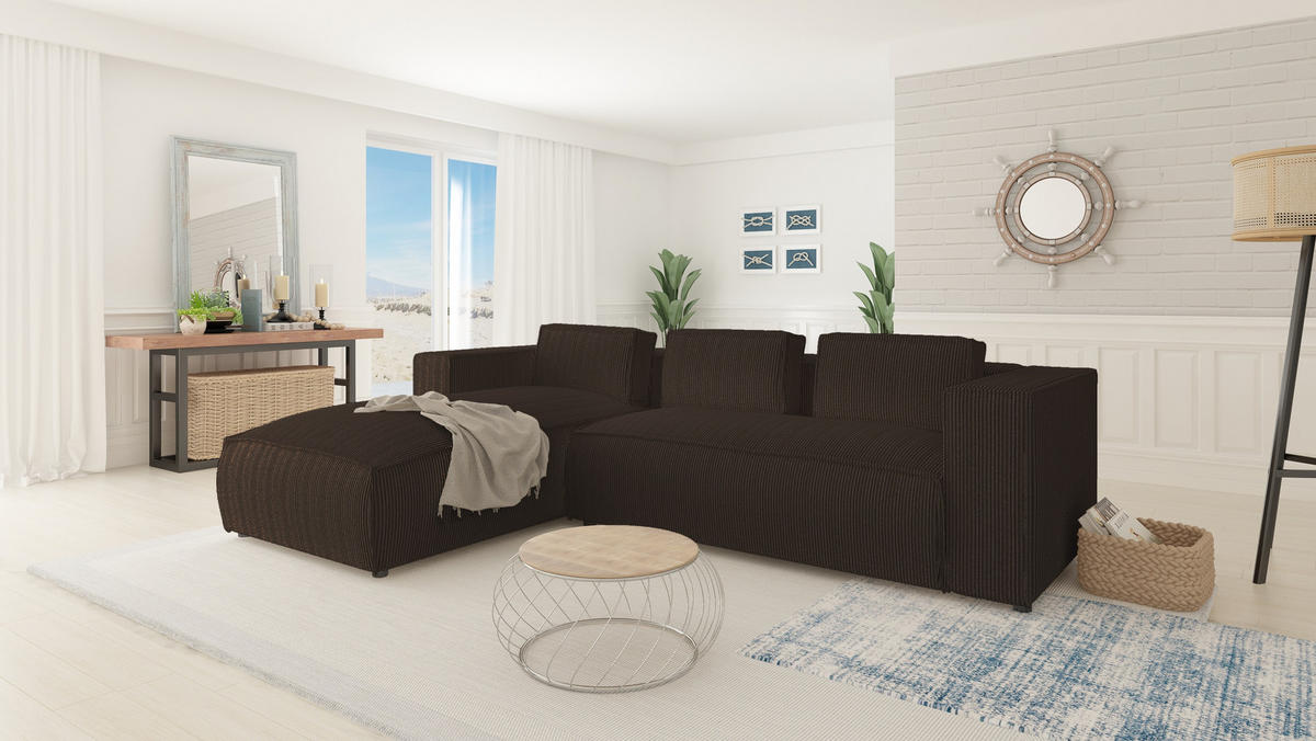 ECKSOFA Nova Dunkelbraun Cord - Dunkelbraun/Schwarz, Holz/Kunststoff (262/176cm) - S-Style Möbel