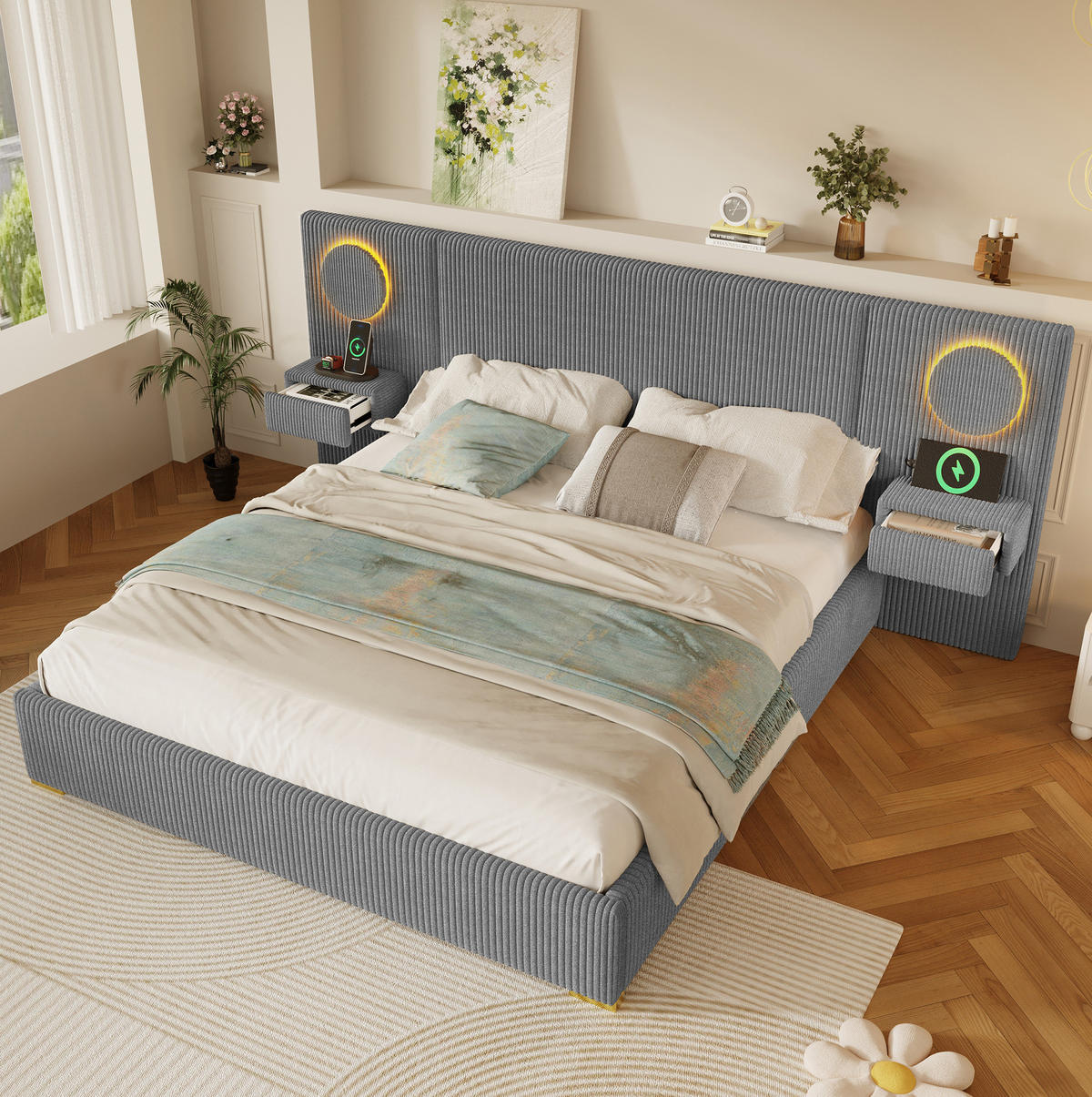 POLSTERBETT 180x200 cm in Grau mit LED-Kopfteil, USB-Anschlüssen und Nachttisch-Schubladen - Grau, Textil (180/200cm) - IVMEU