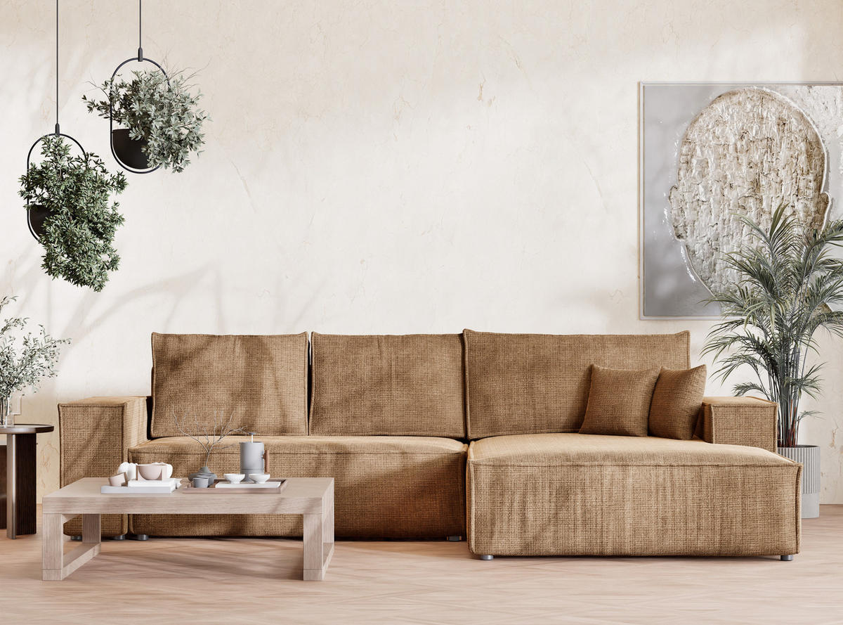 ECKSOFA Maze Hellbraun Chenille-Stoff - Rechts Seite - Hellbraun/Schwarz, Holz/Holzwerkstoff (294/185cm) - Maison de Reve