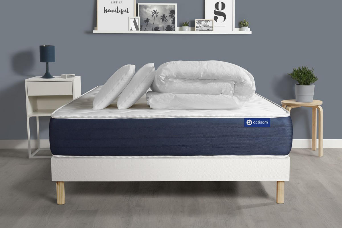 BETT Actiflex sleep Taschenfederkern und Memory-Schaum 180 x 200 cm h2 - Kit Bettgestell Weiß - Mit Kissen und Bettdecke - Beige/Weiß, Holz/Textil (180/200cm) - ACTISOM
