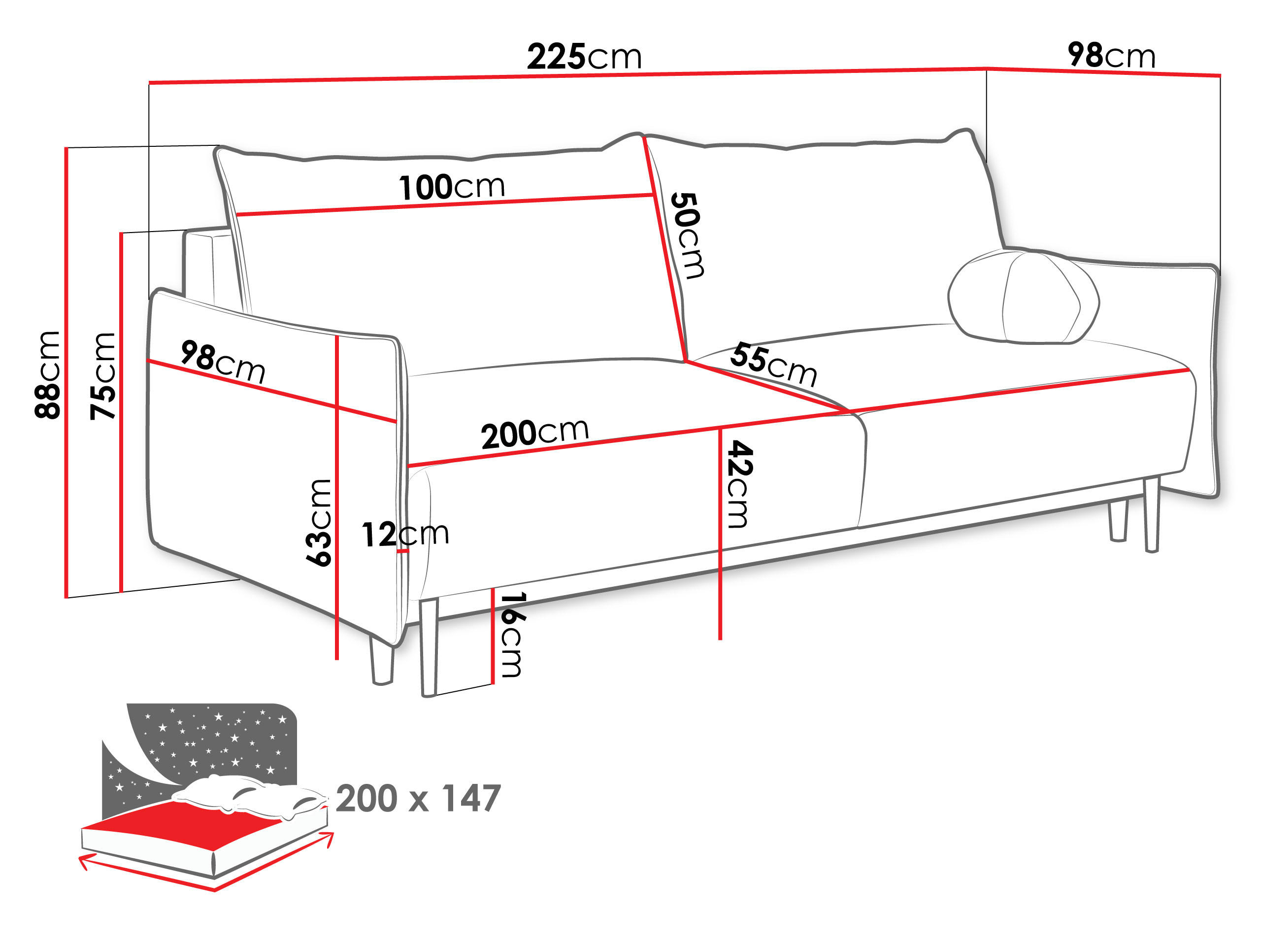 Thumbnail - Mirjan24 Schlafsofa, Hellgrau, Textil, 3-Sitzer, Rechteckig, 225x88x98 cm, Wohnzimmer, Sofas & Couches, Schlafsofas
