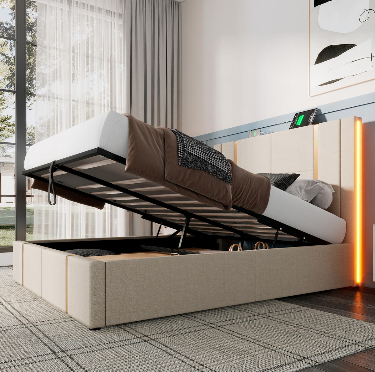 POLSTERBETT mit LED, USB und Stauraum 140x200 cm Leinen Beige mit Matratze - Beige, Metall (140/200cm) - Meubliv