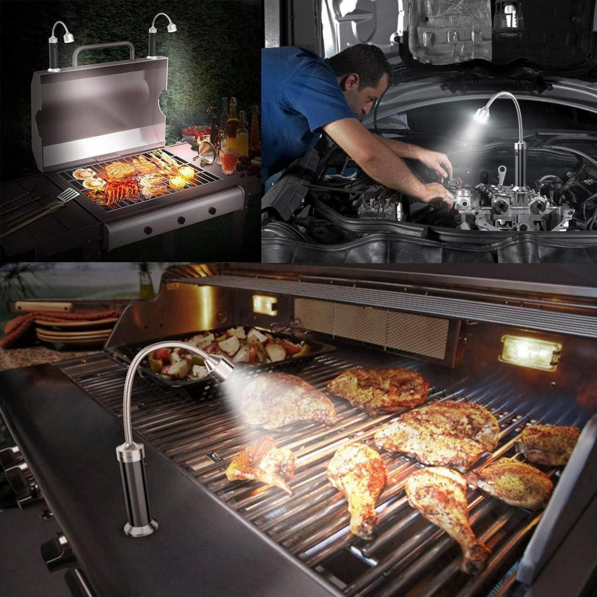 GRILLLICHT 2-teiliges Set mit Magnetfuß und flexiblem Schwanenhals - Schwarz, Metall (2/11/11cm)