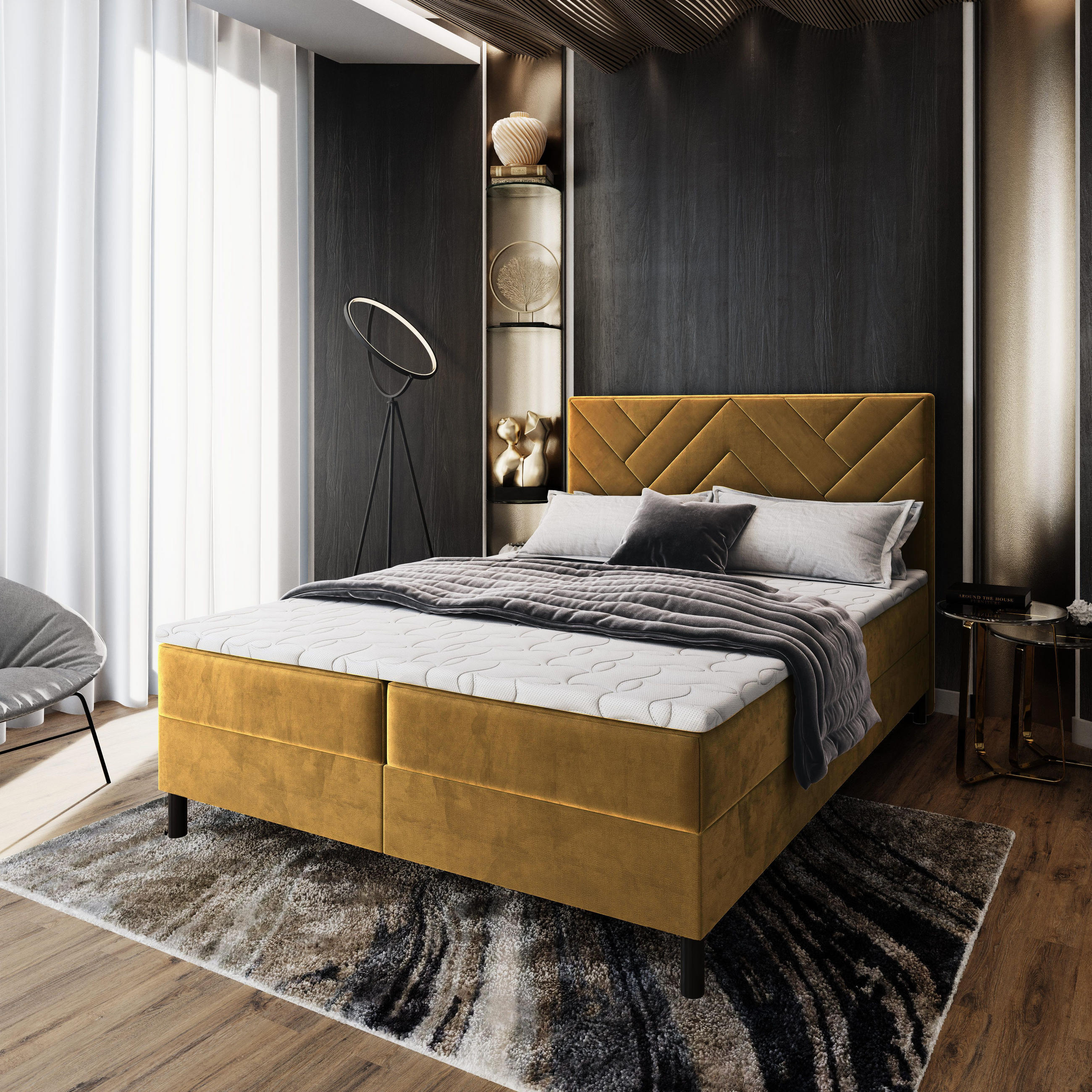 BOXBETT ROKIS 160x200 cm mit Matratze und Topper - Gelb - Gelb, Holz (160/200cm) - MASSENO