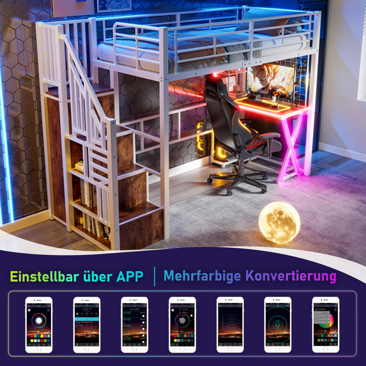 HOCHBETT 90/200 cm mit LED-Leuchten und Schreibtisch in Weiß - Weiß, Metall (90/200cm) - OKWISH