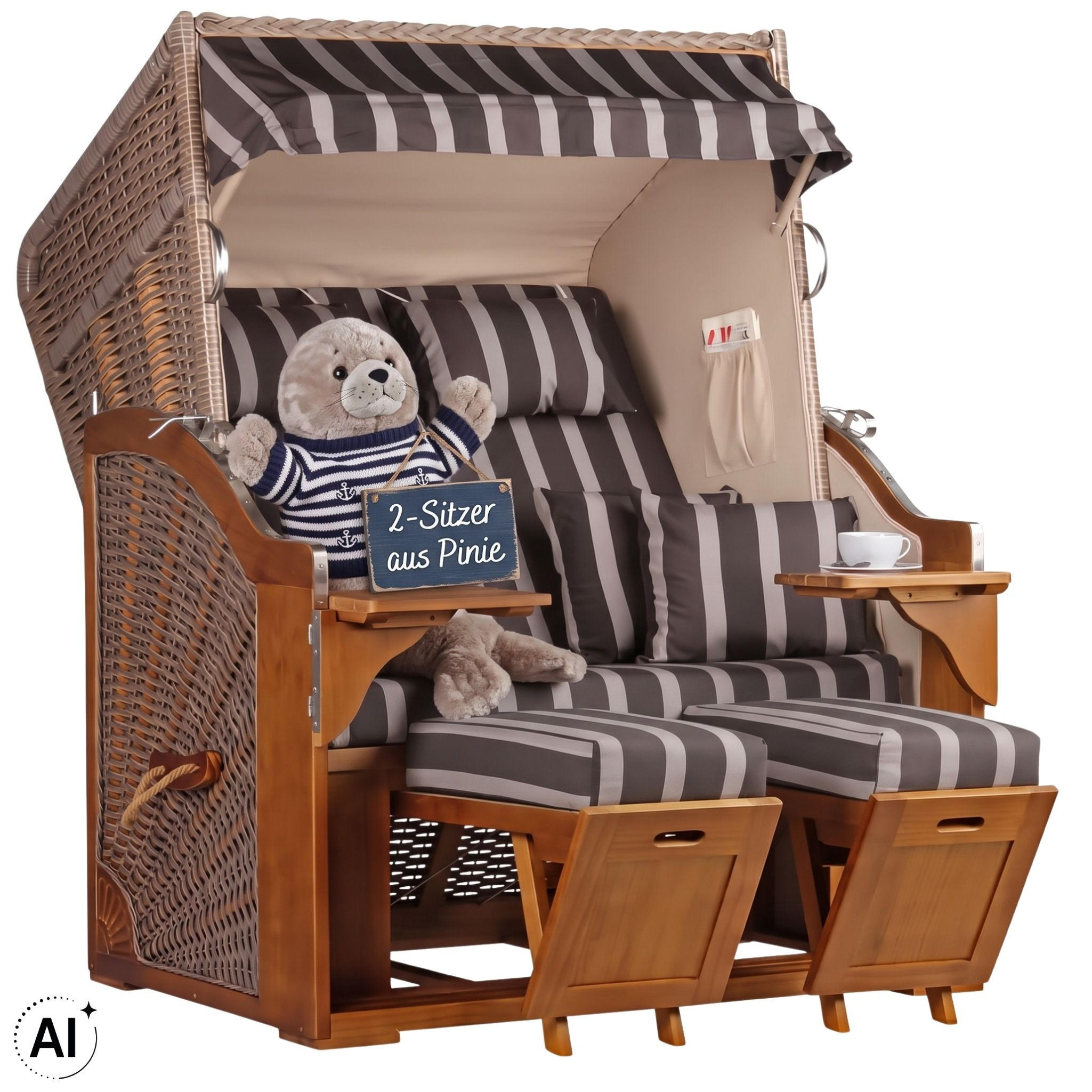 STRANDKORB Schleswig Pinie 2-Sitzer - Braun/Grau, Metall (120/160/80cm) - Mr. Deko